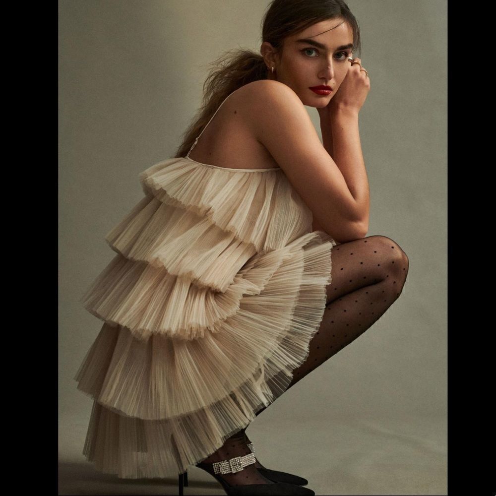 NWT Maeve Strappy Tiered Tulle Mini Dress Large Tan